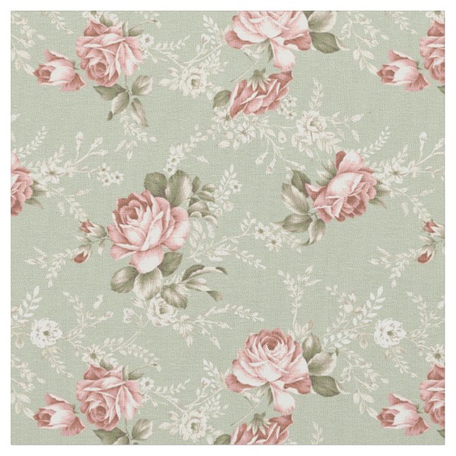 Romantic Girly Blush Roses - Green Background Fabric (Close Up)