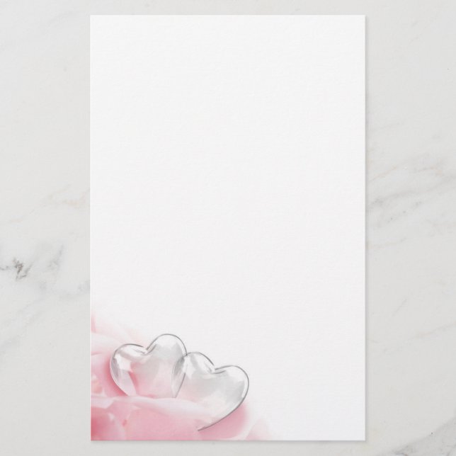 Romantic Glass Hearts Rose Petals Stationery (Front)