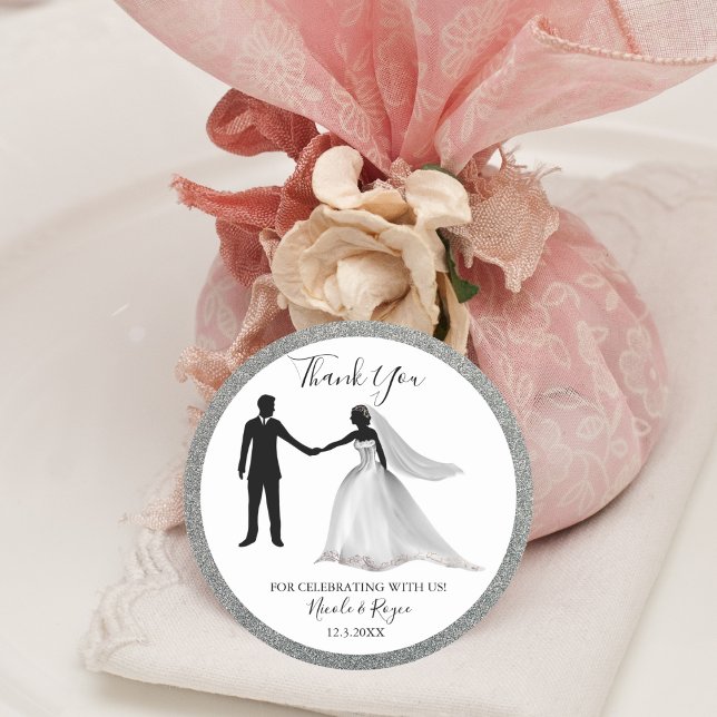 Romantic Glitter With Bride & Groom Thank You Classic Round Sticker (Creator Uploaded)