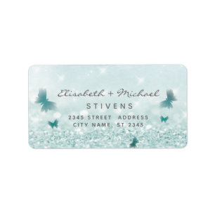 Romantic glittery butterfly script wedding label