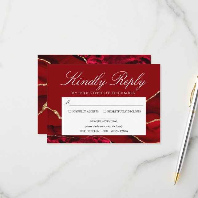 Romantic & Gold Agate Wedding RSVP Card (Front/Back In Situ)