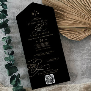 Romantic Gold and Black Monogram QR Code Wedding All In One Invitation