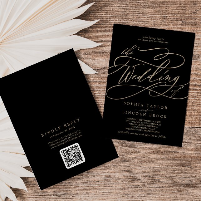 Romantic Gold and Black QR Code All In One Wedding Invitation (Creator Uploaded)