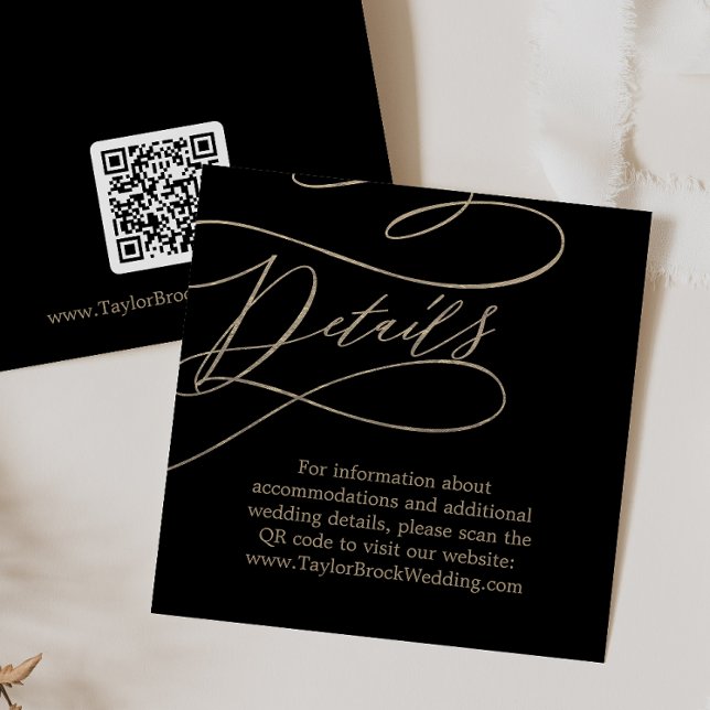 Romantic Gold and Black QR Code Wedding Details Enclosure Card (Creator Uploaded)