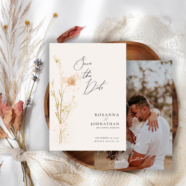 Romantic Gold and Blush Pressed Flowers Photo Save The Date (Creator Uploaded)