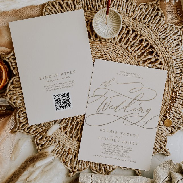Romantic Gold and Ivory QR Code All In One Wedding Invitation (Creator Uploaded)