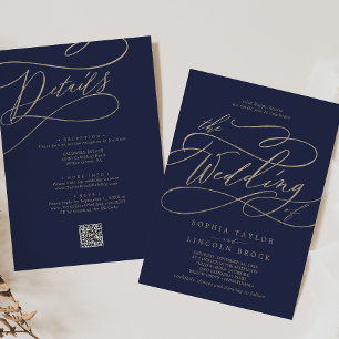 Romantic Gold and Navy All In One QR Code Wedding Invitation