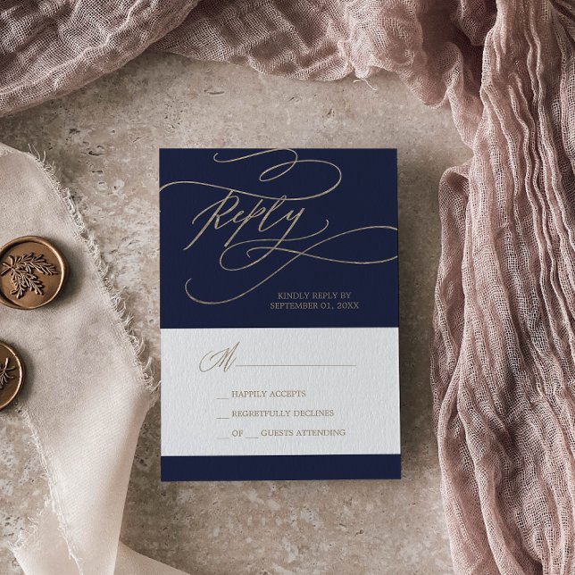Romantic Gold and Navy Calligraphy Simple RSVP Card (Creator Uploaded)