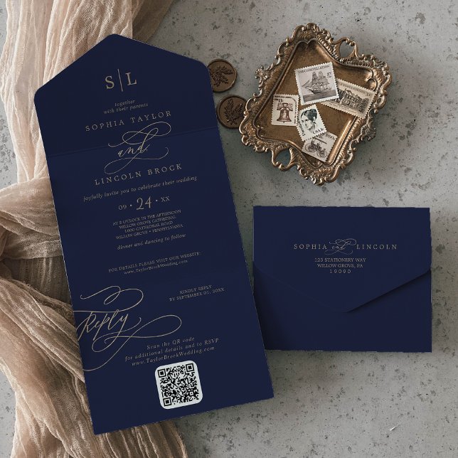 Romantic Gold and Navy Monogram QR Code Wedding All In One Invitation (Creator Uploaded)