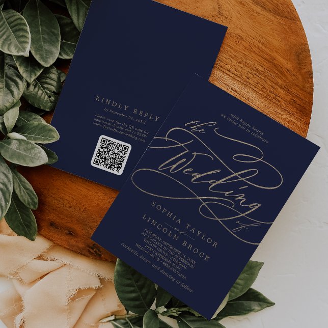 Romantic Gold and Navy QR Code All In One Wedding Invitation (Creator Uploaded)