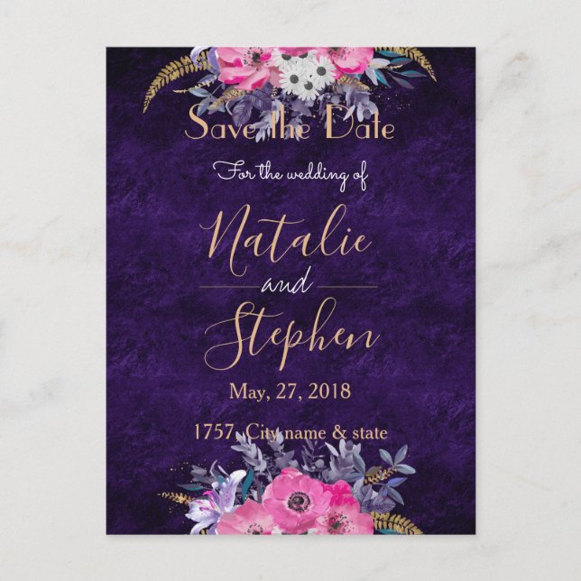 Romantic gold and purple floral wedding collection announcement postcard (Front)