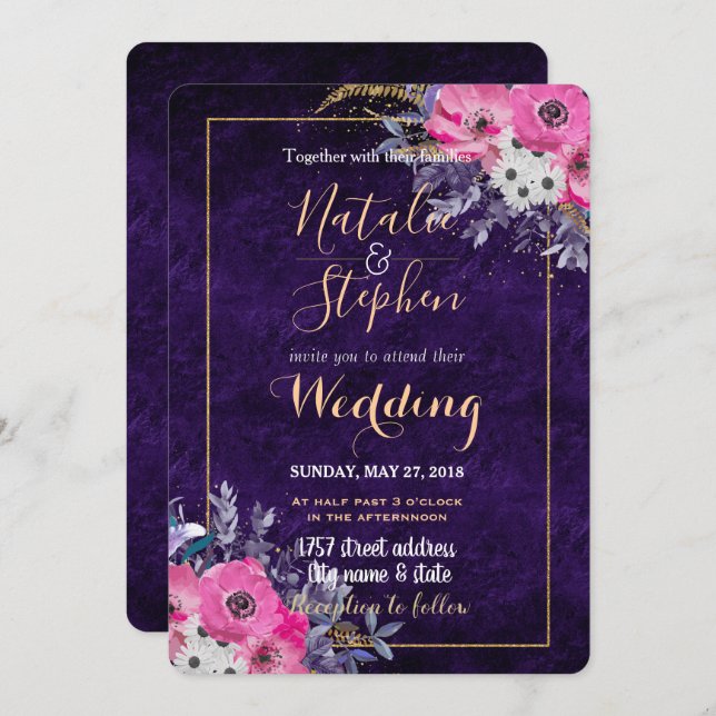 Romantic gold and purple floral wedding collection invitation (Front/Back)