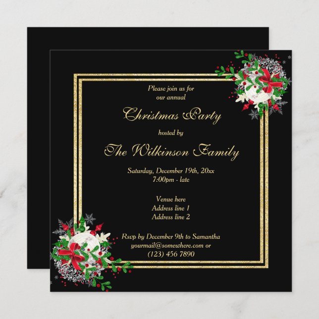 Romantic Gold & Black, Corner Dec's Christmas Invitation (Front/Back)