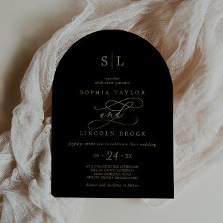 Romantic Gold Black Monogram Elegant Arch Wedding Invitation