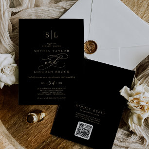 Romantic Gold Black Monogram QR Code Back Wedding Invitation