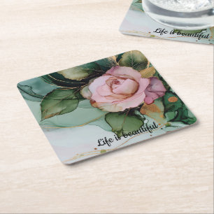 Romantic Gold Blush Pink Rose Floral Bridal shower Square Paper Coaster