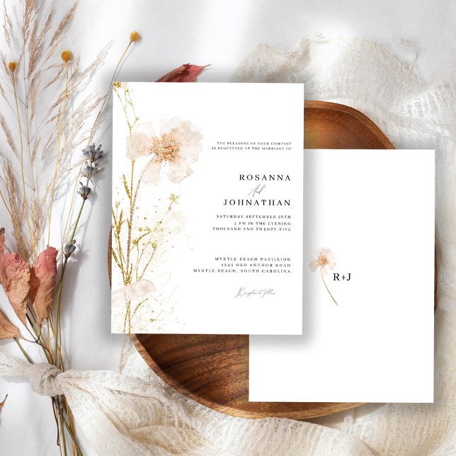 Romantic Gold & Blush Pressed Flowers Wedding  Invitation (Creator Uploaded)