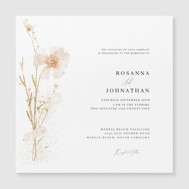 Romantic Gold & Blush Pressed Flowers Wedding  Magnetic Invitation (Front)