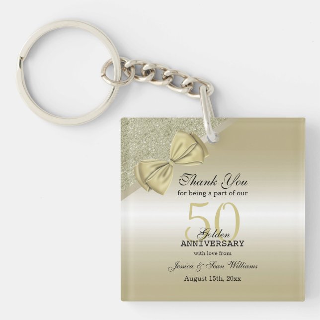 Romantic Gold Bow & Glitter 50th Wedding       Key Ring (Front)