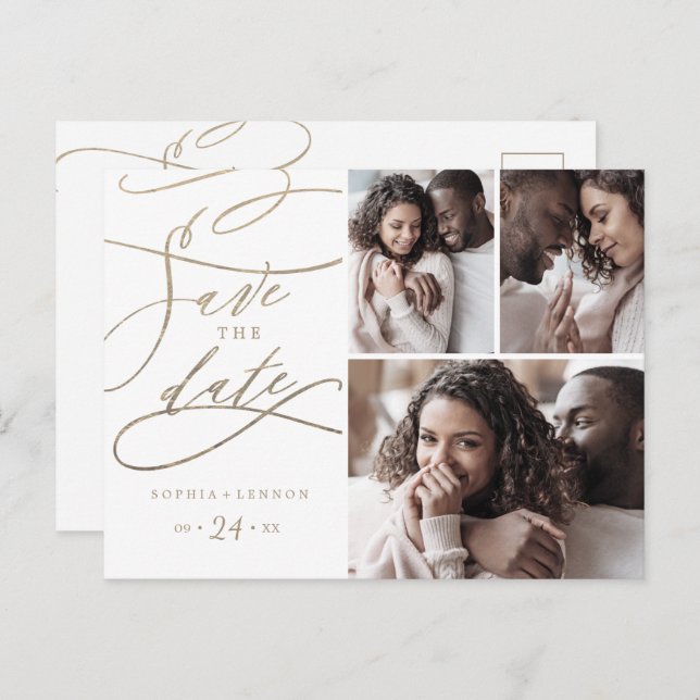 Romantic Gold Calligraphy 3 Photo Save the Date Invitation Postcard (Front/Back)