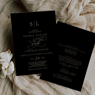 Romantic Gold Calligraphy Black All In One Wedding Invitation