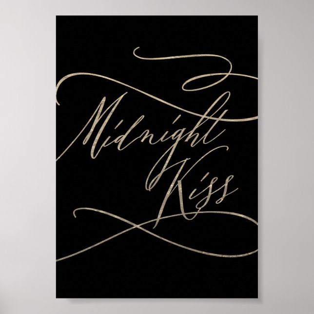 Romantic Gold Calligraphy Black Midnight Kiss Poster (Front)