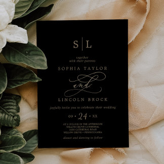 Romantic Gold Calligraphy | Black Monogram Wedding Invitation