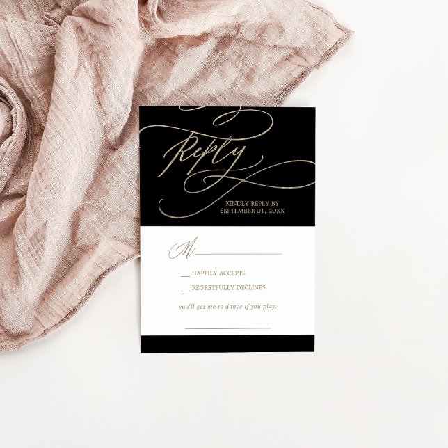 Romantic Gold Calligraphy Black Song RSVP Card (Creator Uploaded)
