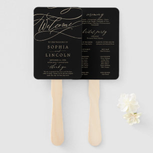 Romantic Gold Calligraphy   Black Wedding Program Hand Fan