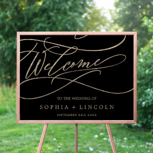 Romantic Gold Calligraphy Black Welcome Wedding Poster