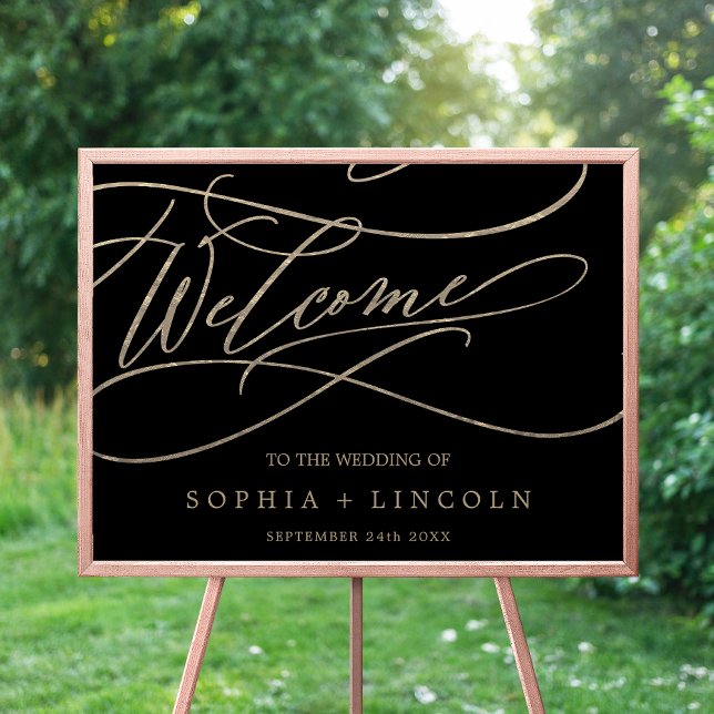 Romantic Gold Calligraphy | Black Welcome Wedding Poster (Creator Uploaded)