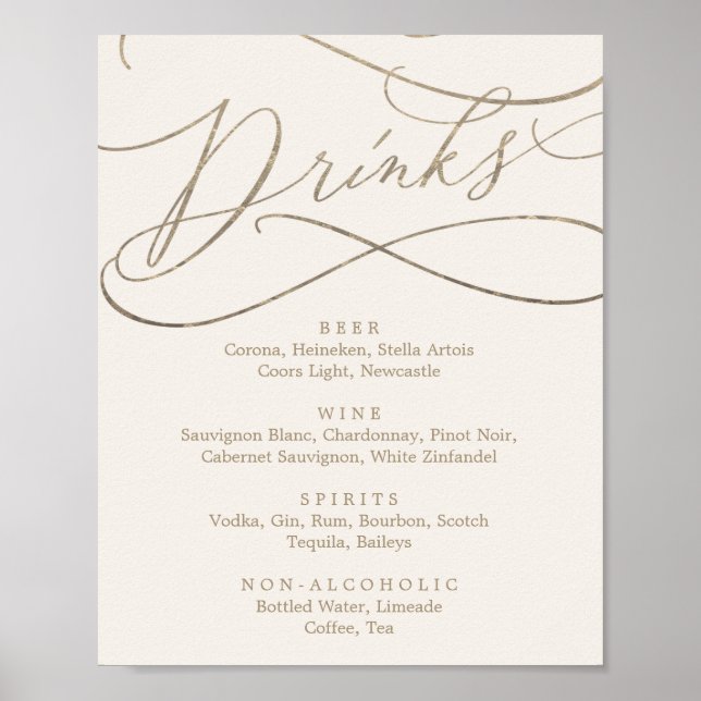Romantic Gold Calligraphy | Ivory Drink Menu Sign (Front)
