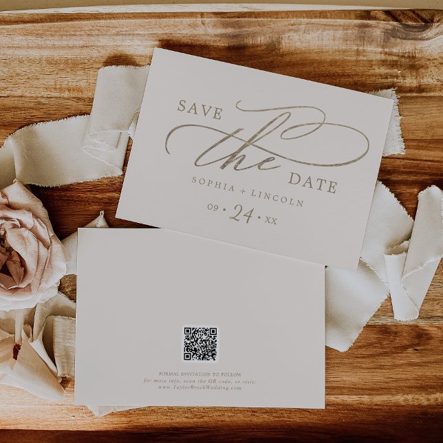 Romantic Gold Calligraphy Ivory QR Code Horizontal Save The Date (Creator Uploaded)