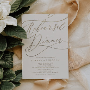 Romantic Gold Calligraphy Ivory Rehearsal Dinner Invitation