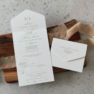 Romantic Gold Calligraphy Monogram Wedding All In One Invitation