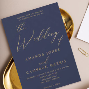 Romantic Gold Calligraphy Navy Blue Photo Wedding Invitation