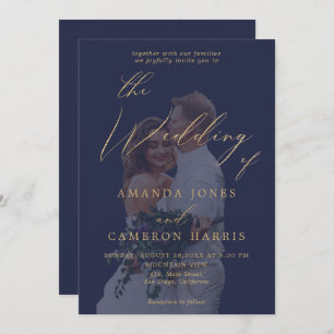 Romantic Gold Calligraphy Navy Blue Photo Wedding Invitation