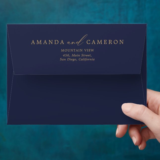 Romantic Gold Calligraphy Navy Blue Wedding  Envelope (Hand)