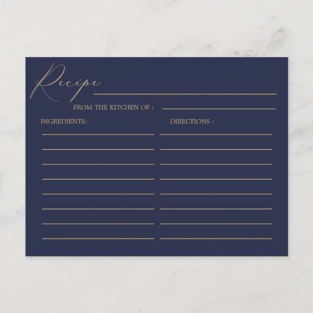 Romantic Gold Calligraphy Navy Blue Wedding Recipe Postcard (Front)