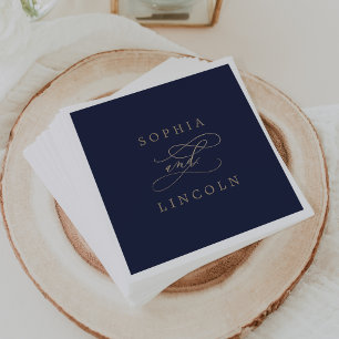 Romantic Gold Calligraphy   Navy Flourish Wedding Napkin