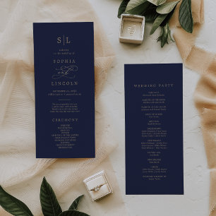 Romantic Gold Calligraphy   Navy Monogram Wedding Programme