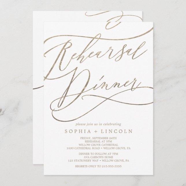 Romantic Gold Calligraphy Rehearsal Dinner w/ Menu Invitation (Front/Back)