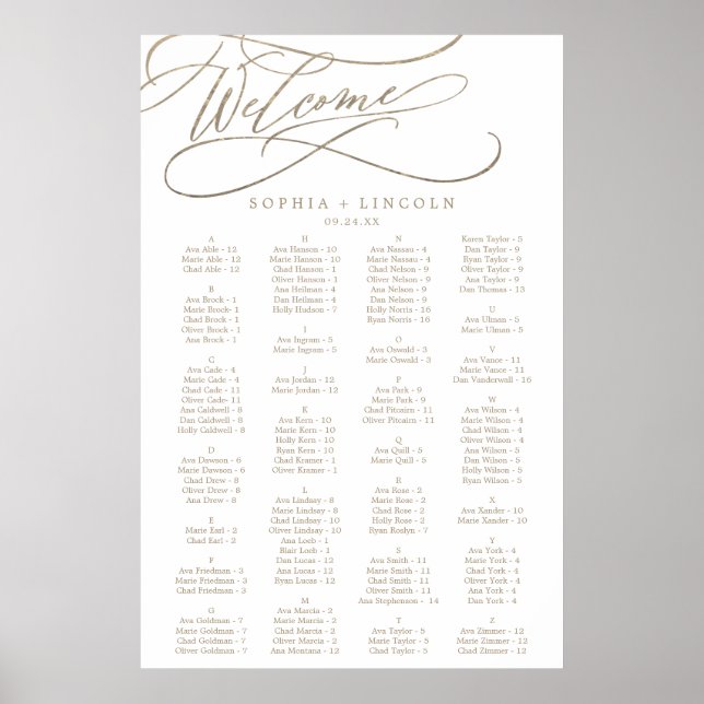 Romantic Gold Calligraphy Seating Chart (Front)