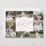 Romantic Gold Cheers New Years 7 Photo Family News Holiday Card<br><div class="desc">This romantic gold cheers new years 7 photo family news holiday card is the perfect simple holiday greeting. The modern classic design features fancy swirls and whimsical flourishes with gorgeous elegant hand lettered faux champagne gold foil typography. Personalise the card with 7 photos, your family name, first names, and year....</div>