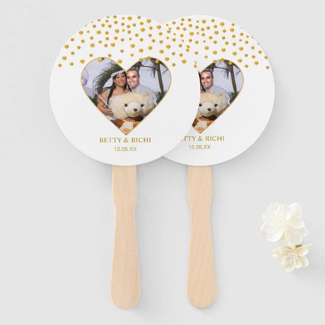 Romantic Gold Confetti on White Hand Fan (Front and Back)