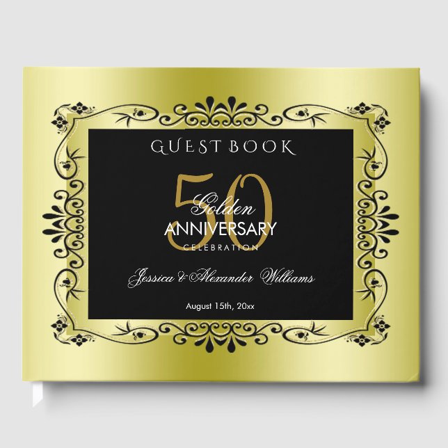 Romantic Gold Decorative Framed 50th Wedding Guest Book (Front)