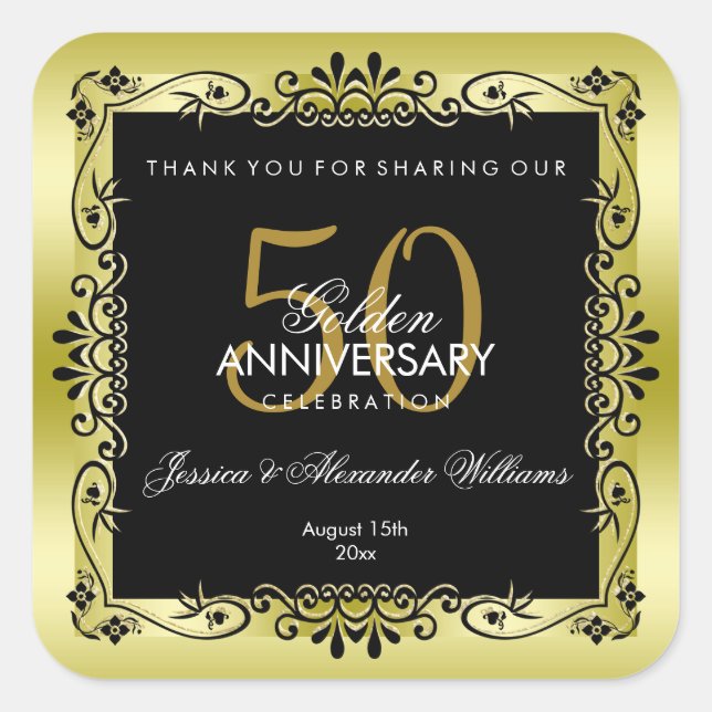 Romantic Gold Decorative Framed 50th Wedding Square Sticker (Front)