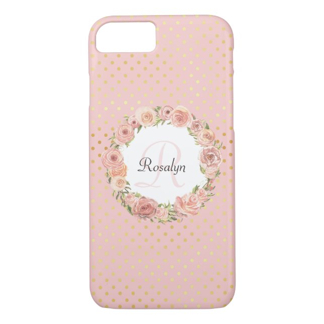 Romantic Gold Dotted Rose Floral Monogrammed Name Case-Mate iPhone Case (Back)