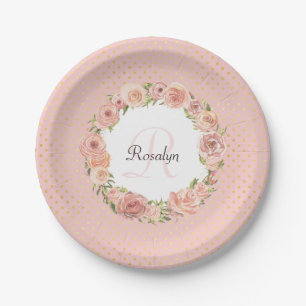 Romantic Gold Dotted Rose Floral Monogrammed Name Paper Plate