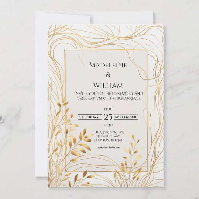 Romantic Gold & Eucalyptus Wedding Invitation (Front)